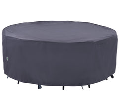 F&J Outdoors front view of grey 110 inch round cover protecting patio set, durable protection