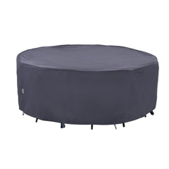 F&J Outdoors front view of grey round cover protecting table — durable protection