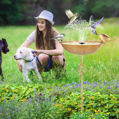 FJJYGYP bird bath beside garden tools showing real-world scale