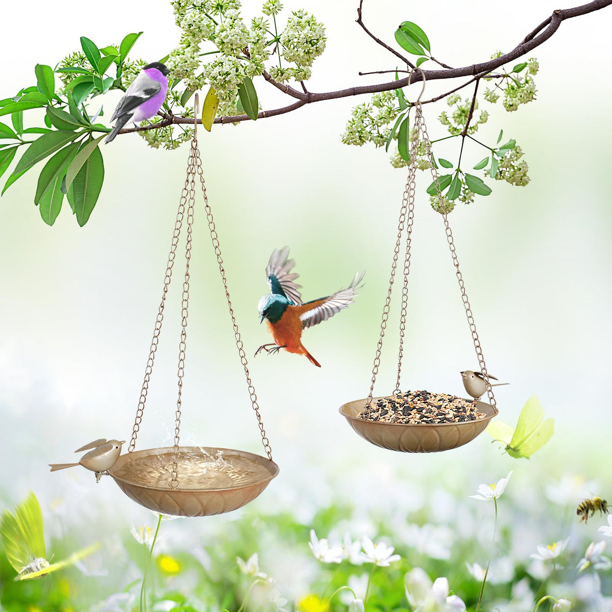 FJJYGYP front view hanging bird bath showing dual pack and decorative finish to attract birds