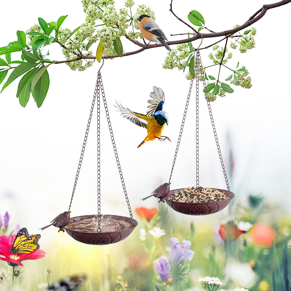 FJJYGYP front view of hanging bird bath showing decorative bowl and chain, attracts birds