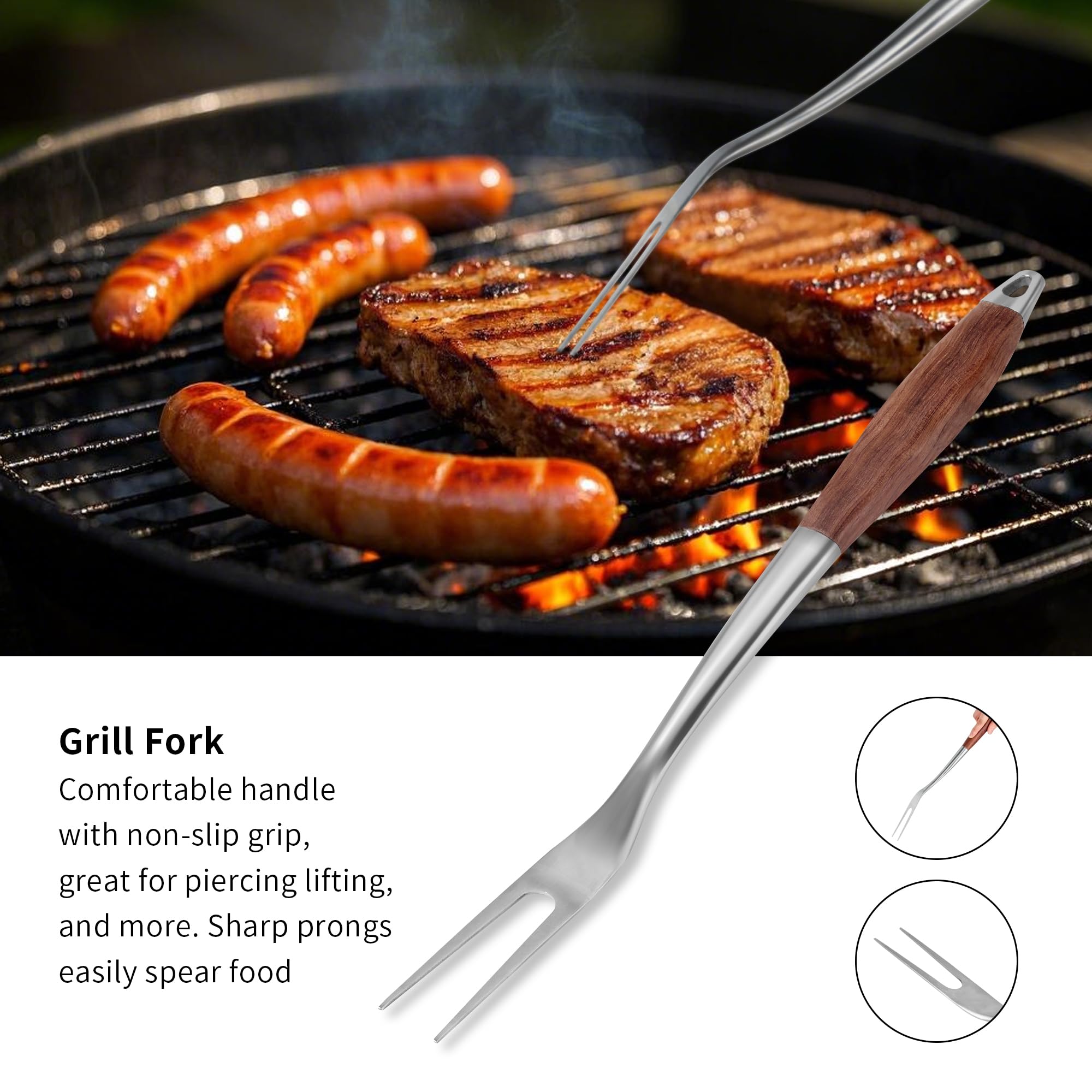fjnatinh grilling tools in use over charcoal illustrating safe reach and control