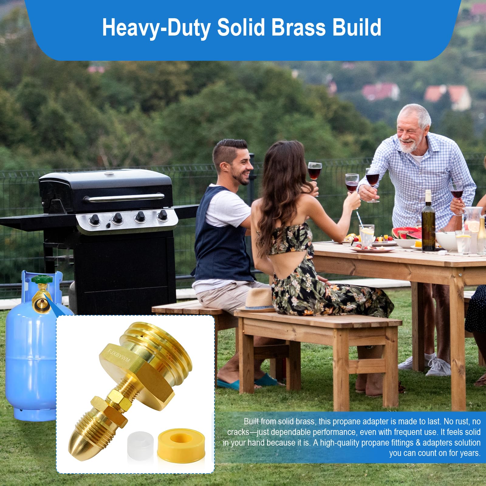 FJXBYWM adapter connected to a grill tank demonstrating safe refill capability and convenience