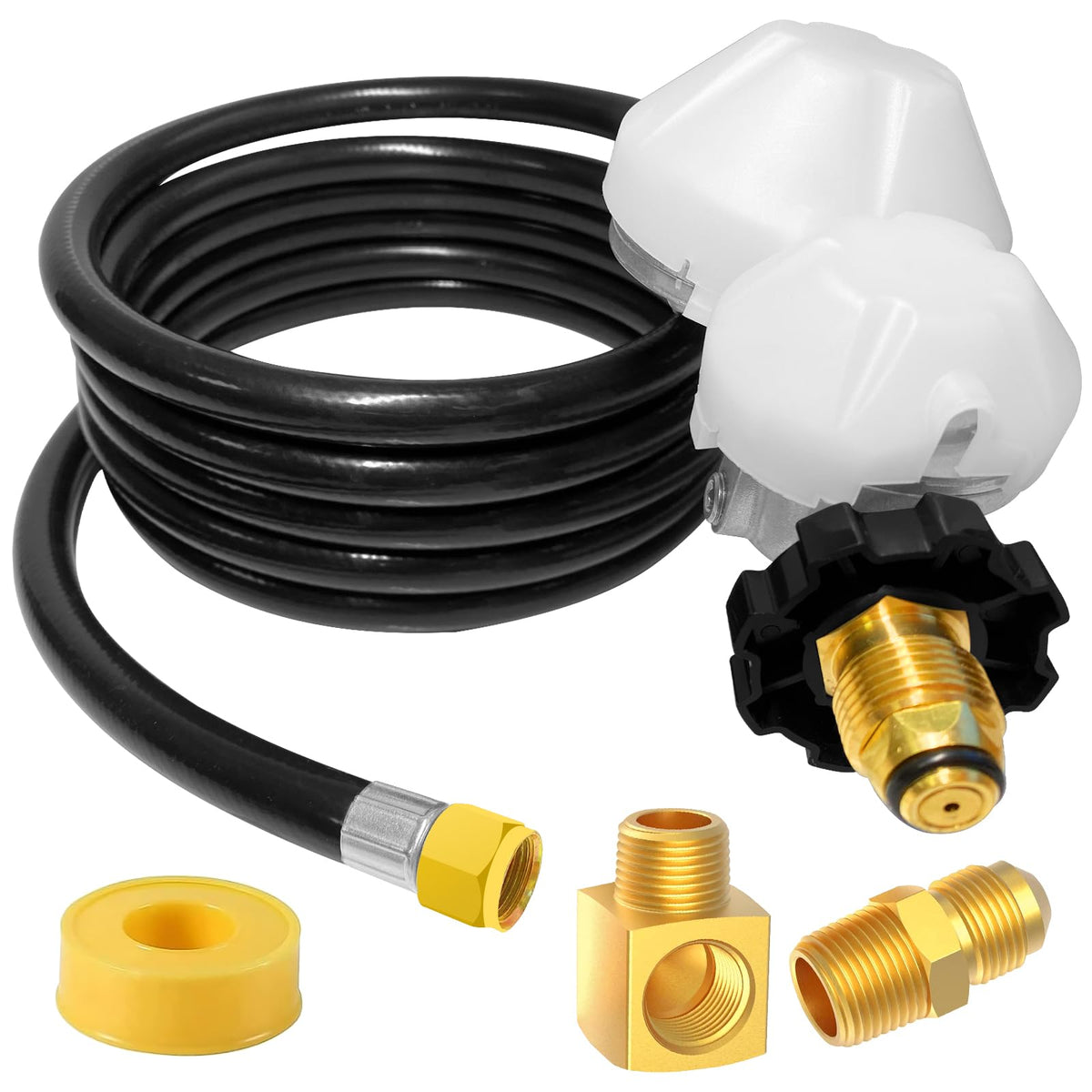 FJXBYWM front packaging showing full propane hose kit and included parts for quick setup