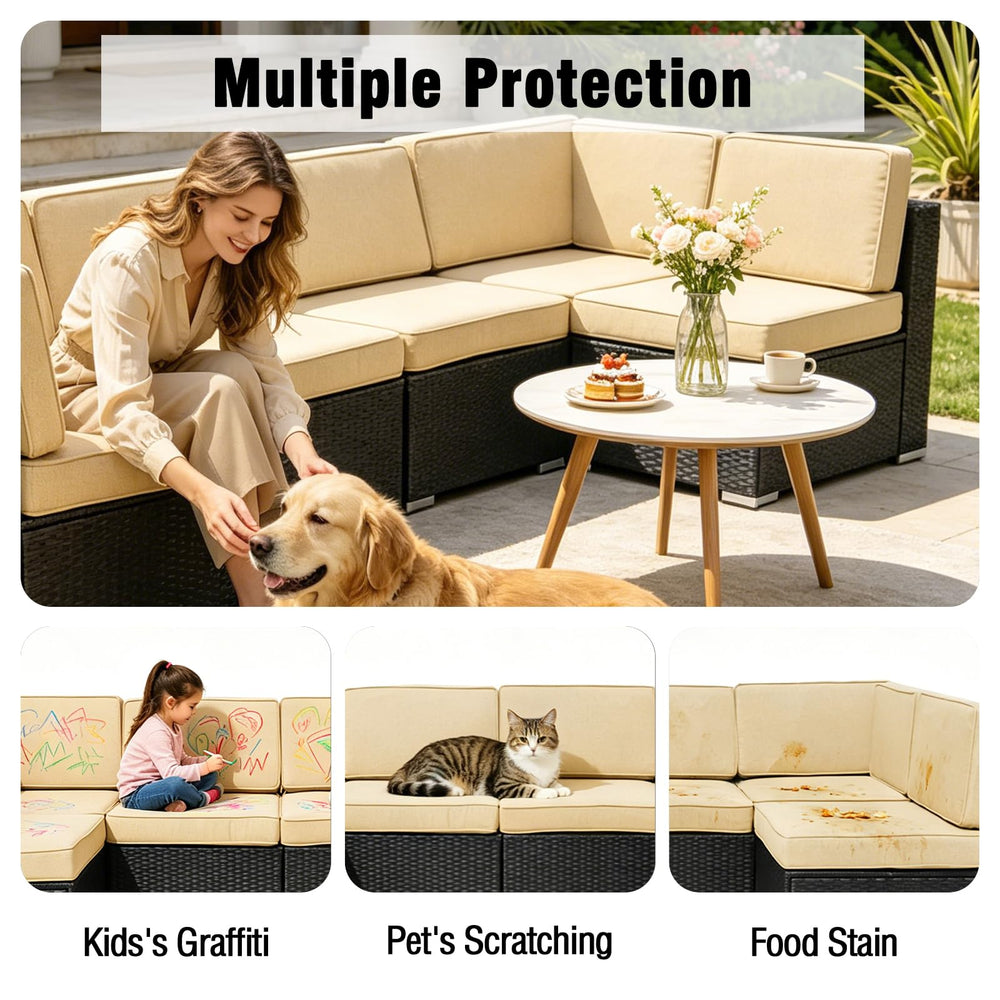 FKSLIFE beige cover fitted on outdoor sofa cushion in use, demonstrates refreshed look and protection
