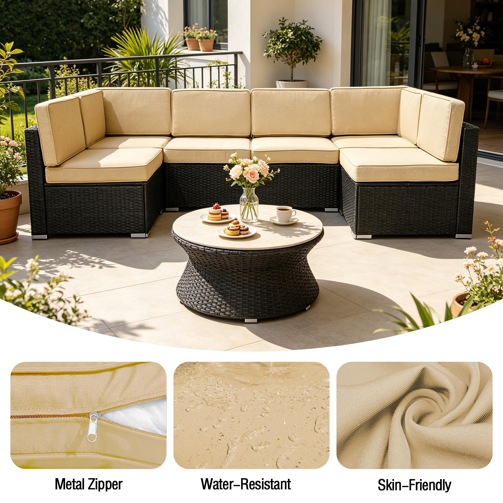 FKSLIFE cushion cover installed on patio sofa demonstrating quick makeover benefit