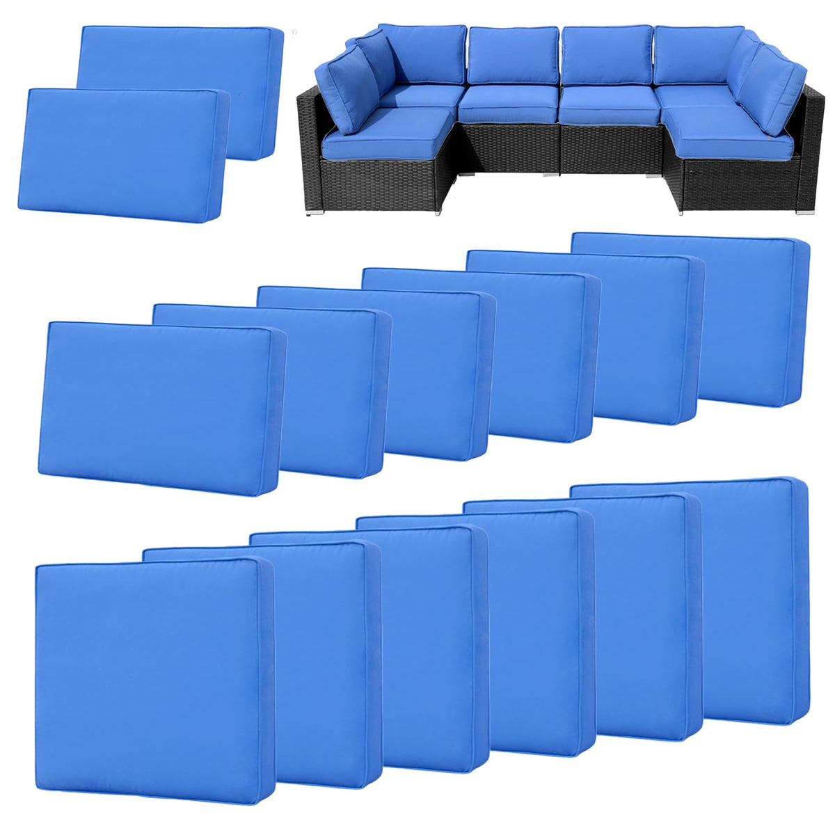 FKSLIFE front view of 14-piece blue patio cushion covers set, protects cushions