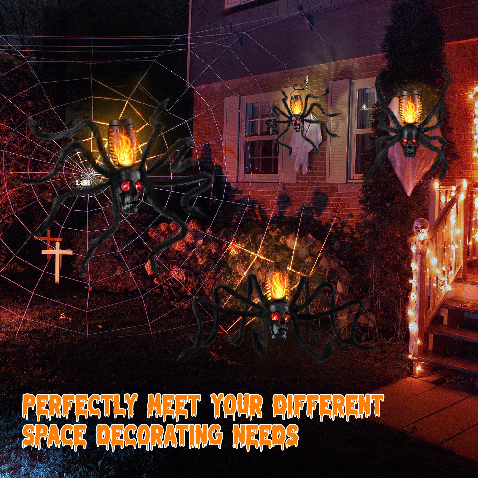 Flacchi skull porch night display creating dramatic Halloween ambiance