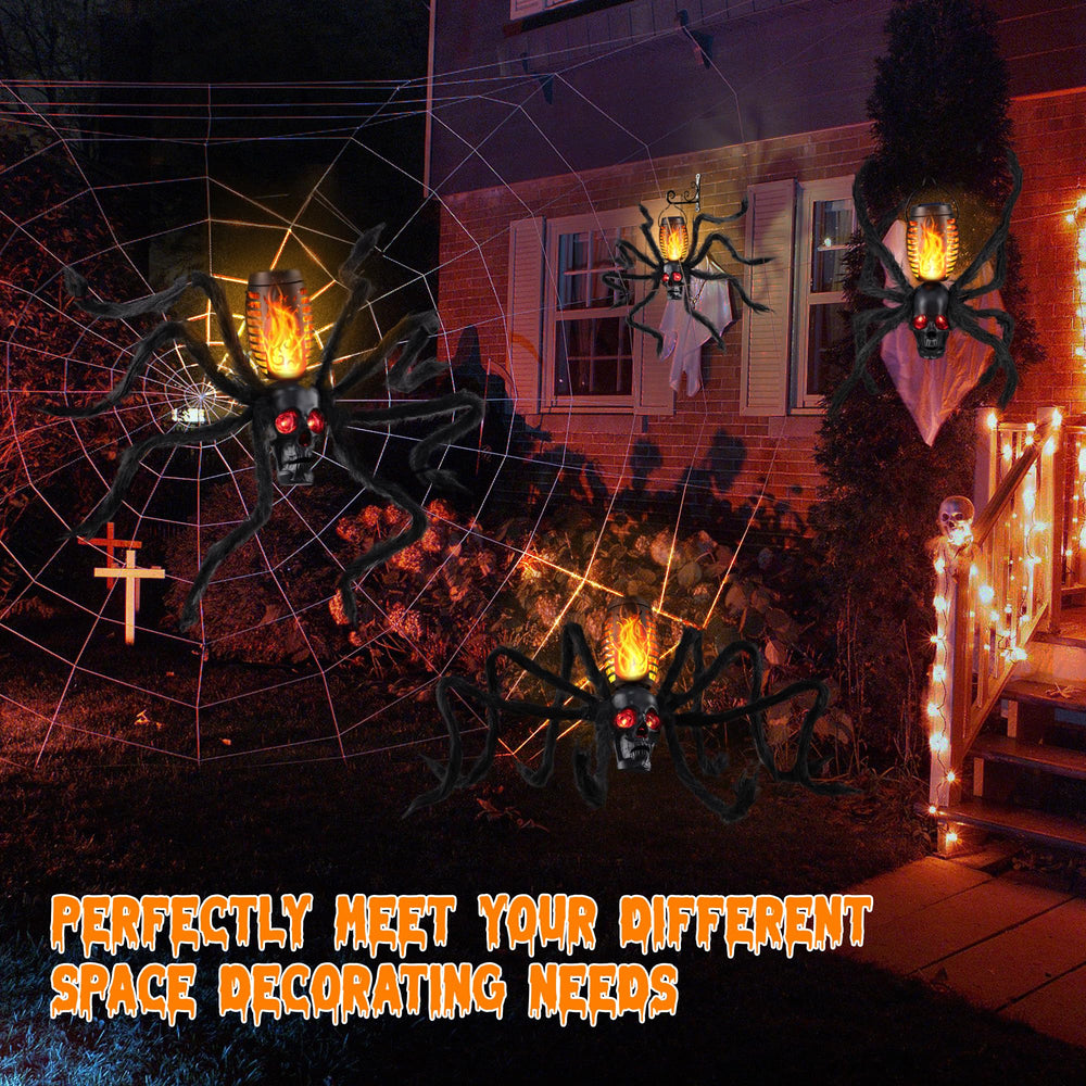 Flacchi skull porch night display creating dramatic Halloween ambiance
