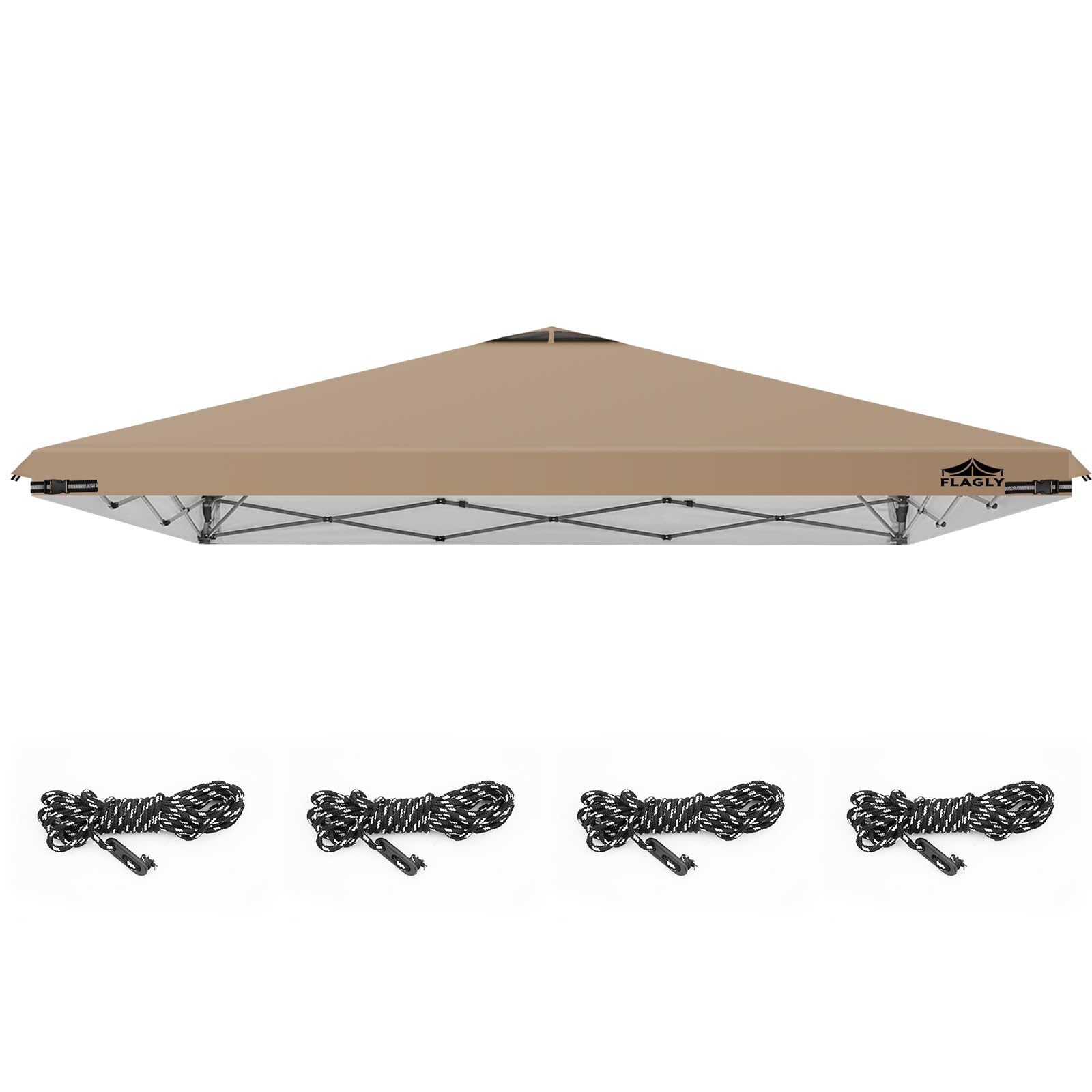 FLAGLY front view of khaki 12x12 canopy top showing waterproof protection and coverage