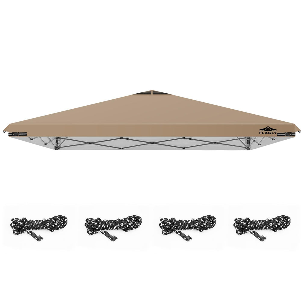 FLAGLY front view of khaki 12x12 canopy top showing waterproof protection and coverage