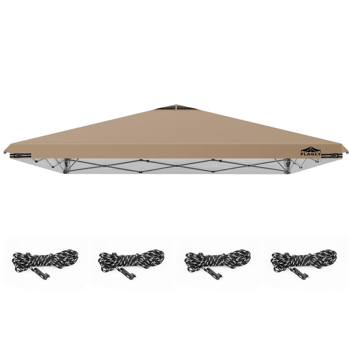 FLAGLY front view of khaki 12x12 canopy top showing waterproof protection and coverage
