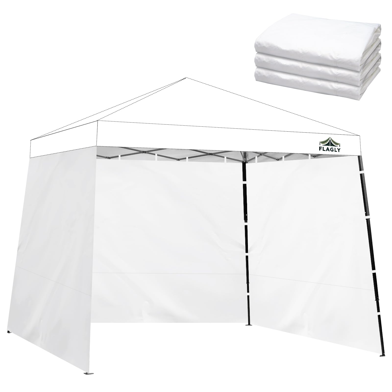 FLAGLY front view of three sidewalls showing neat packaging and quick setup benefit