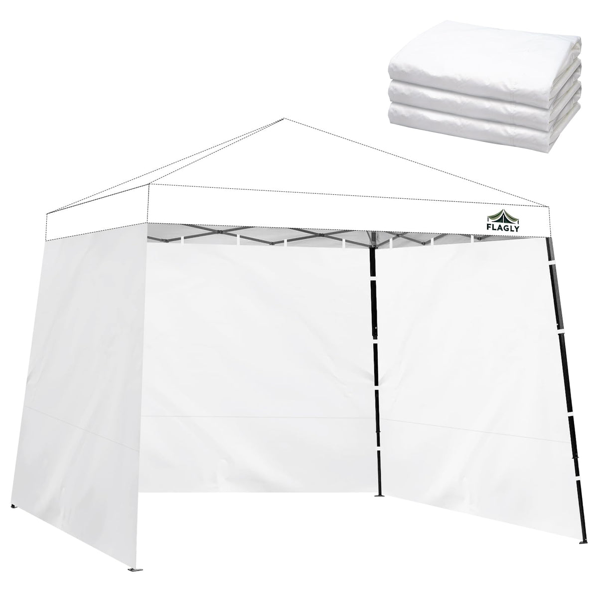 FLAGLY front view of three sidewalls showing neat packaging and quick setup benefit
