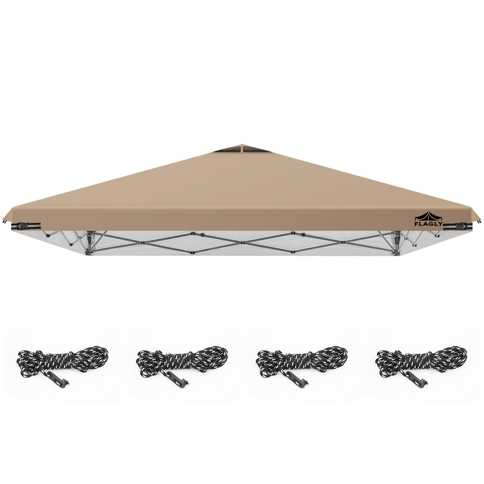 FLAGLY front view khaki canopy top showing full 10x10 coverage and sun protection