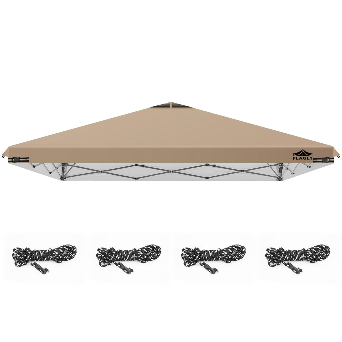 FLAGLY front view khaki canopy top showing full 10x10 coverage and sun protection