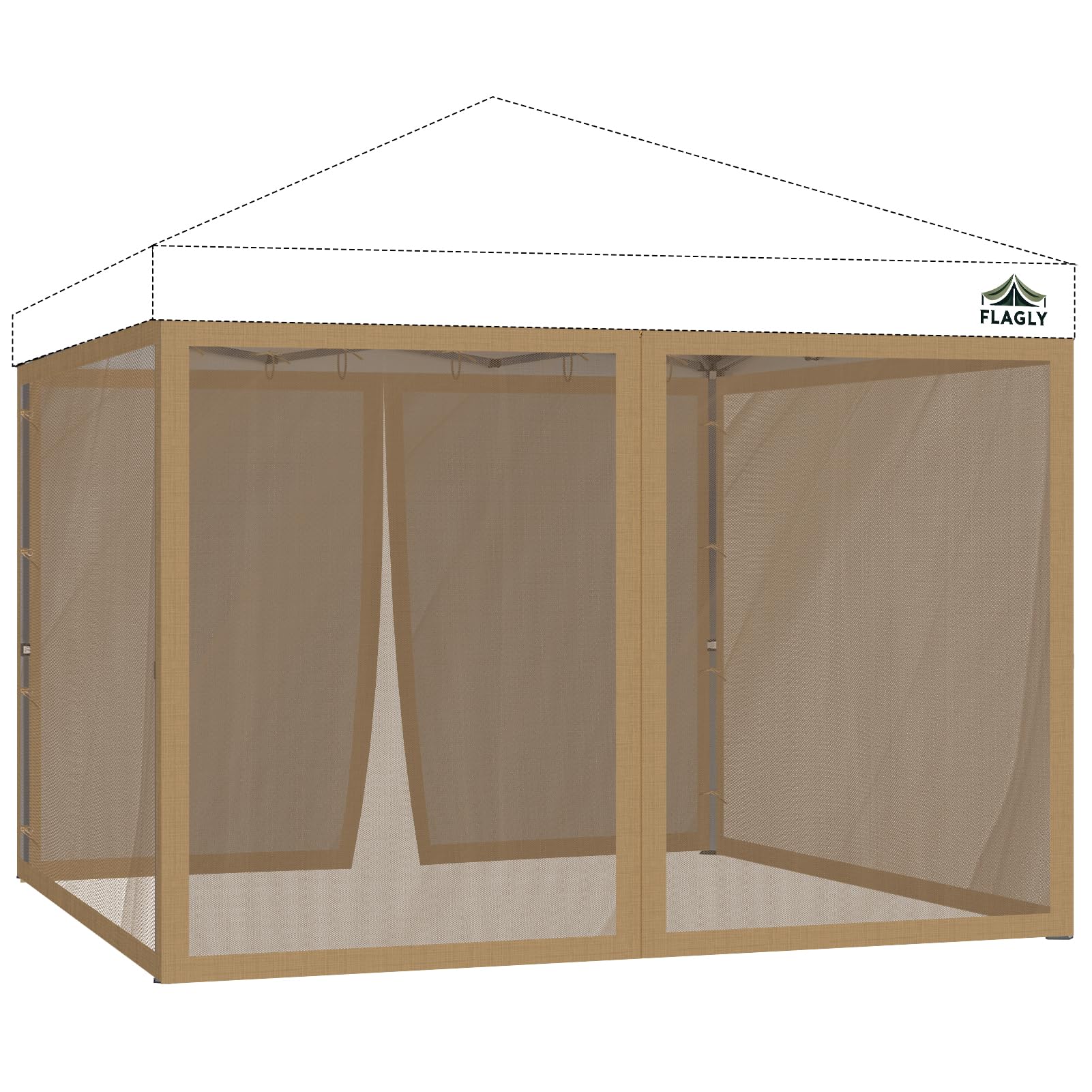 FLAGLY vista frontal de la mosquitera khaki mostrando cobertura completa y acceso