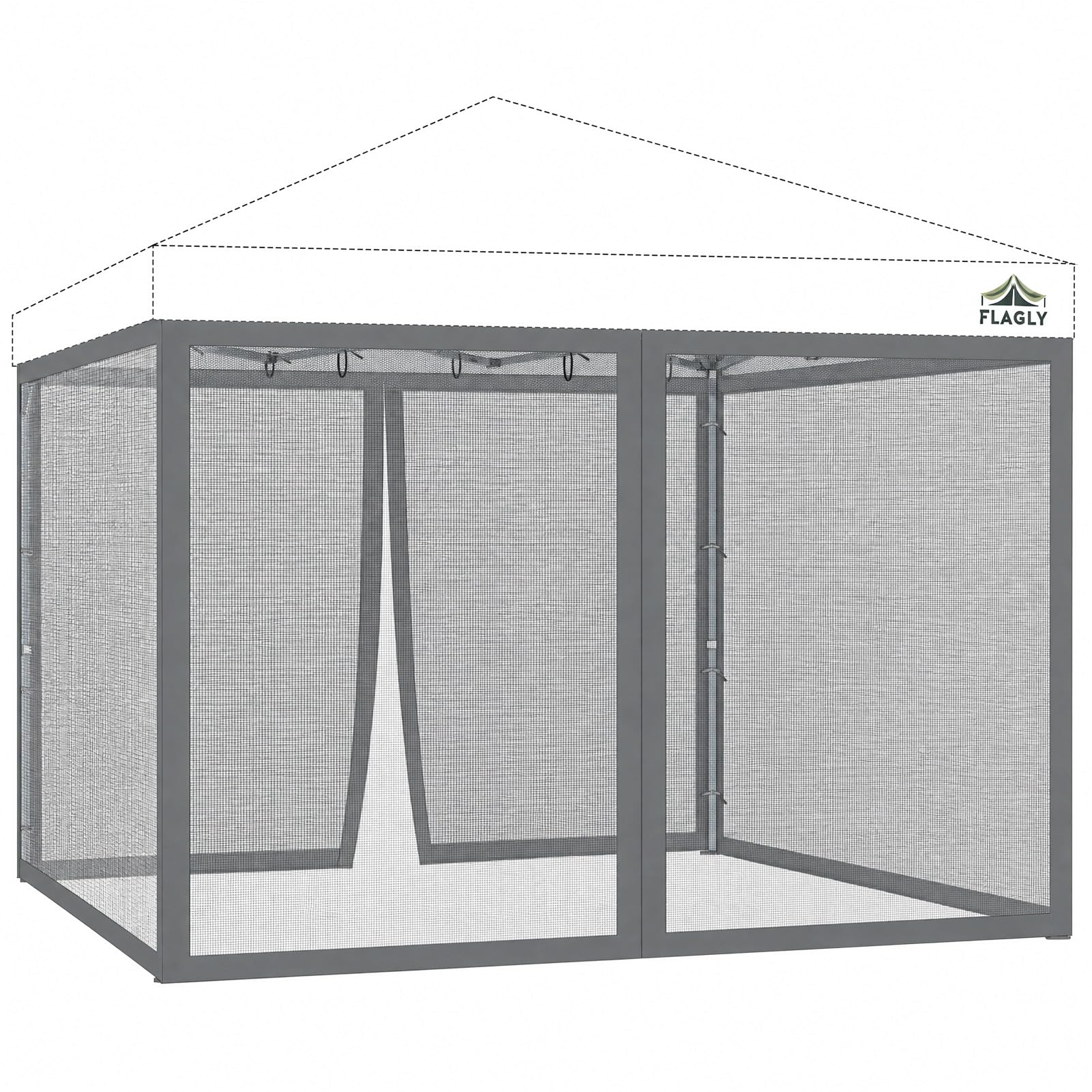 FLAGLY vista frontal de la mosquitera 10x10 protegiendo el toldo, mantiene insectos fuera