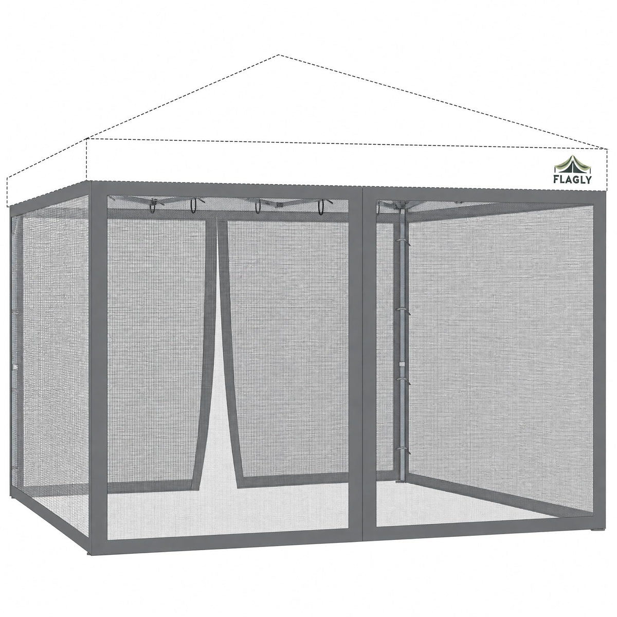 FLAGLY vista frontal de la mosquitera 10x10 protegiendo el toldo, mantiene insectos fuera