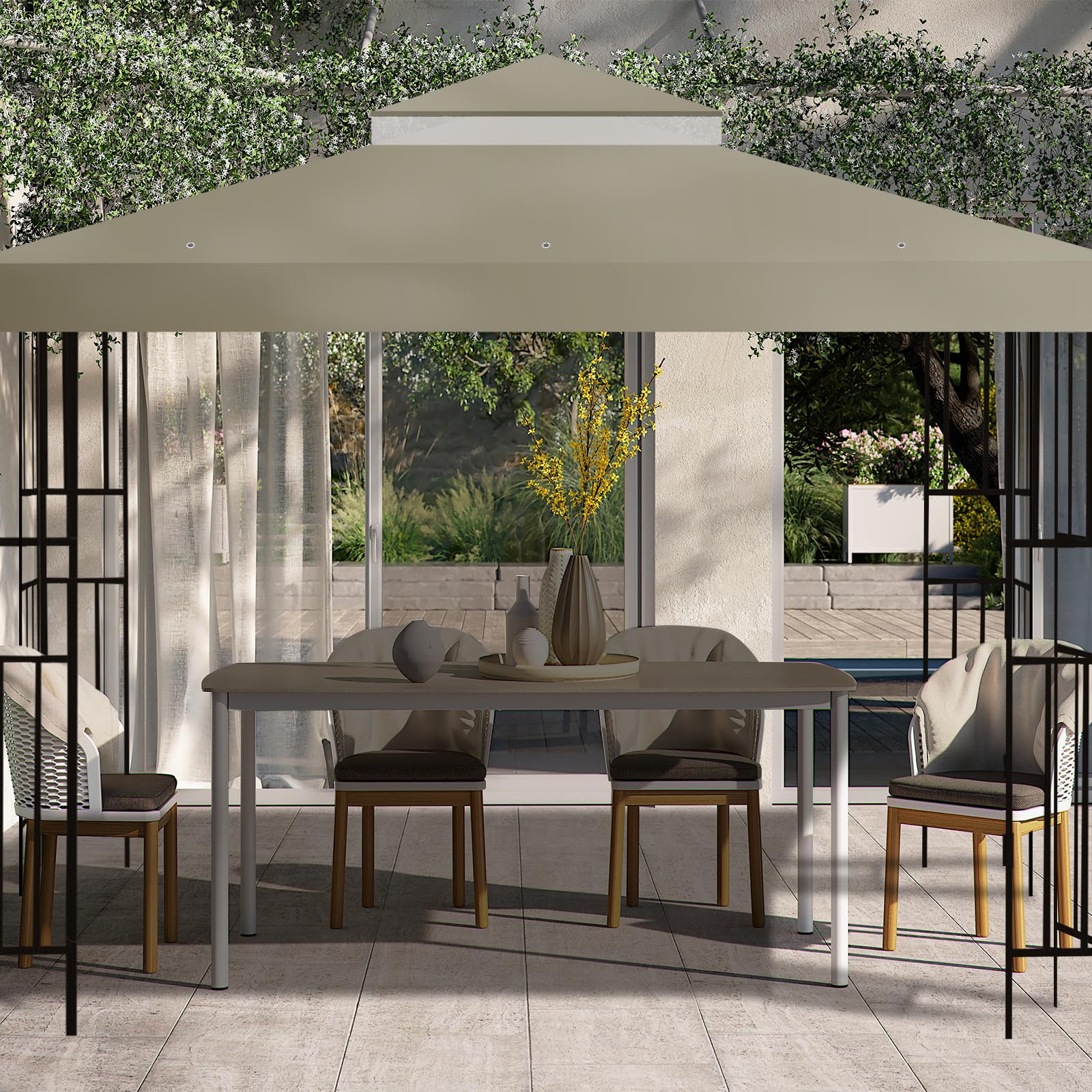 FLAGLY canopy shelter over backyard BBQ showing shade and comfort benefit