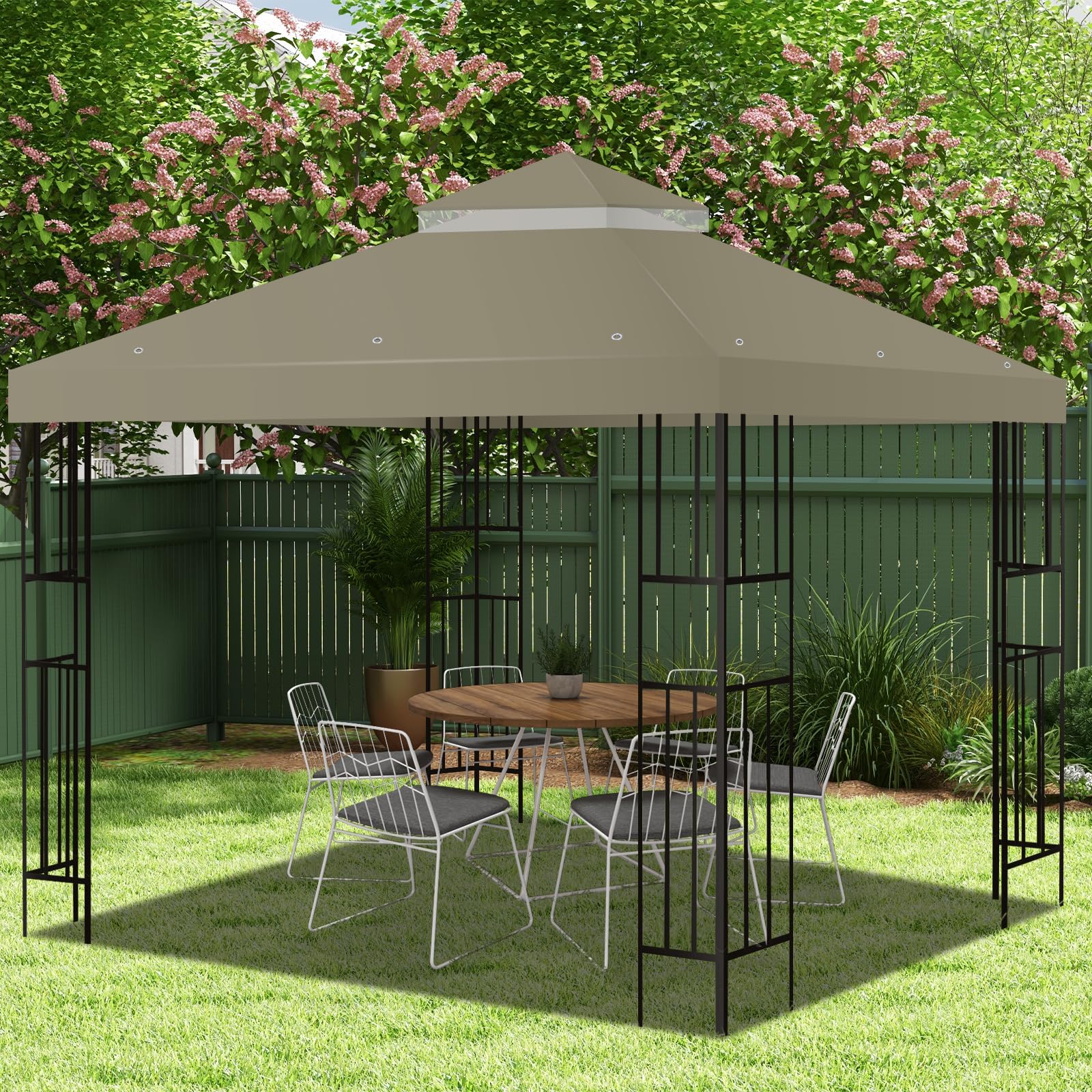 FLAGLY canopy beside person for 10x10 scale showing correct fit benefit
