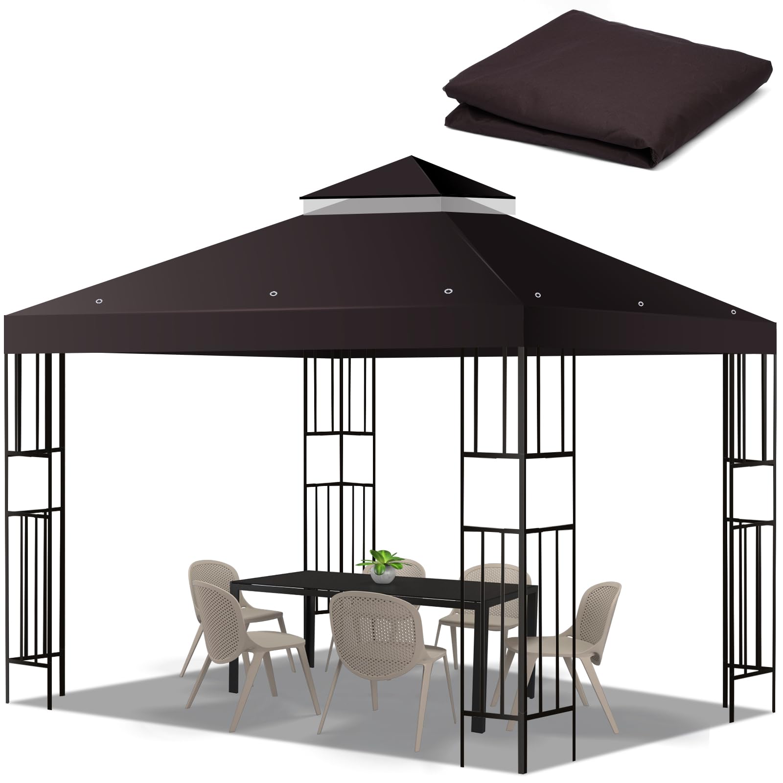 FLAGLY front view of coffee-colored 10x10 canopy showing full coverage benefit