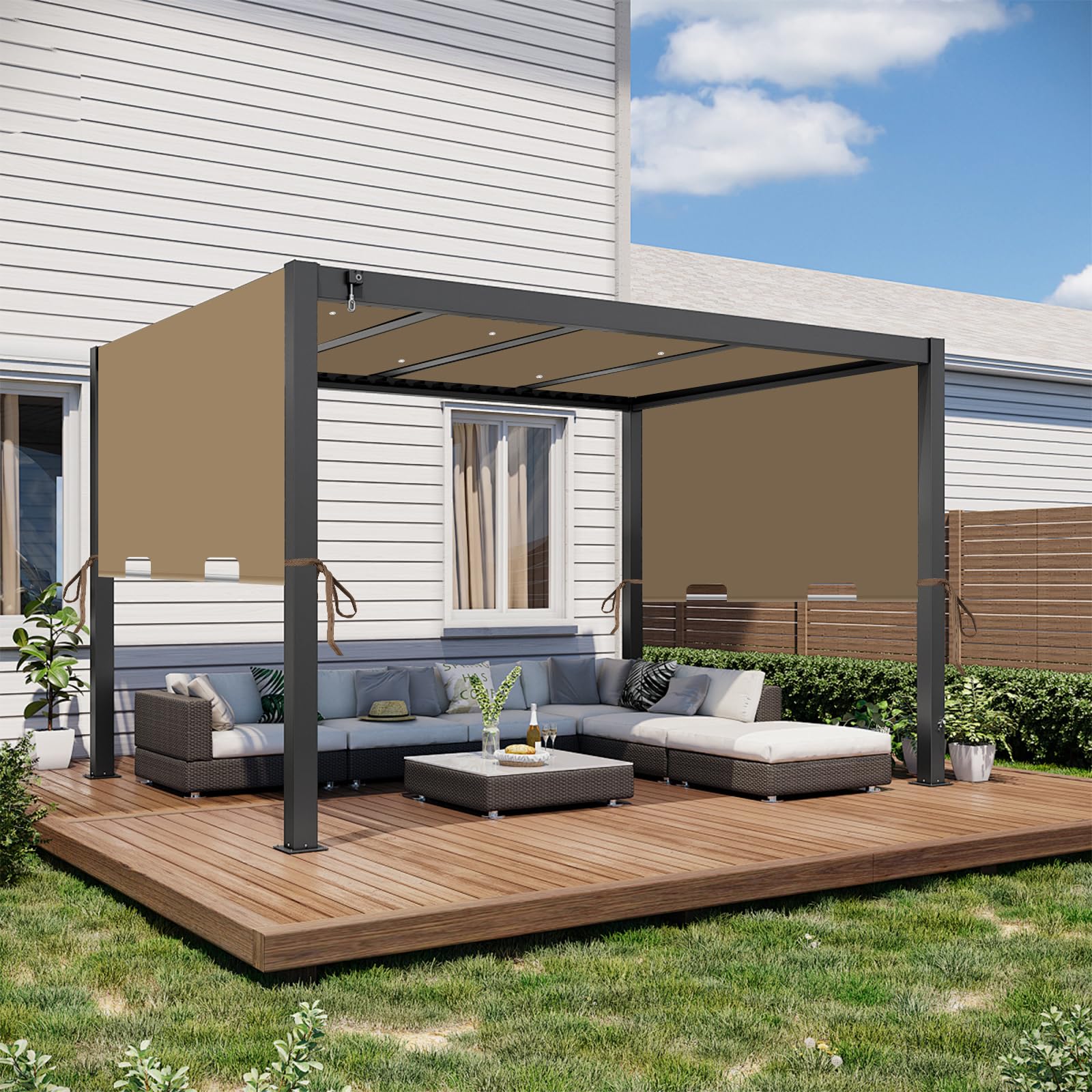 FLAGLY cover next to outdoor chairs to show scale and fit for 17x7.4 ft pergolas