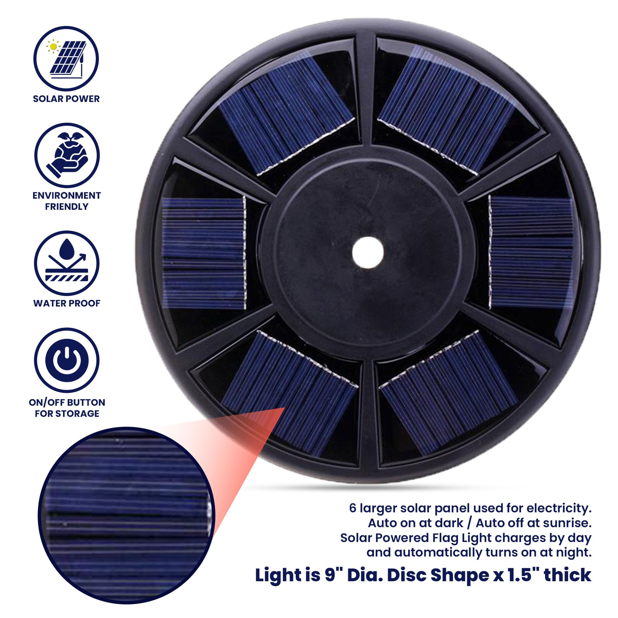 FlagPole Buddy solar panel closeup highlighting sun-charging efficiency for reliable nights