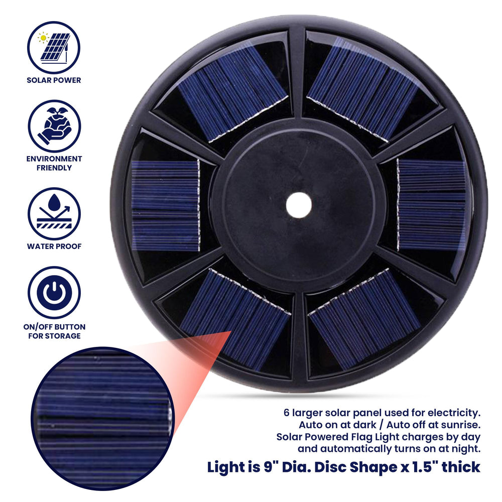 FlagPole Buddy solar panel closeup highlighting sun-charging efficiency for reliable nights