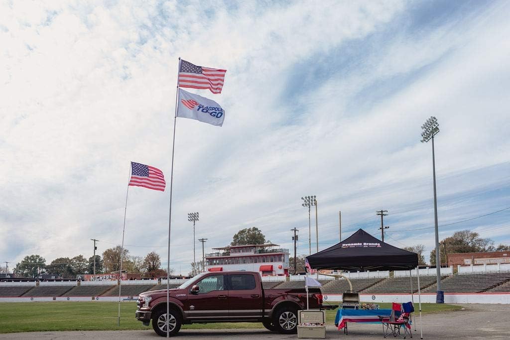 Flagpole-To-Go flying flags at a tailgate, high-visibility fan display benefit