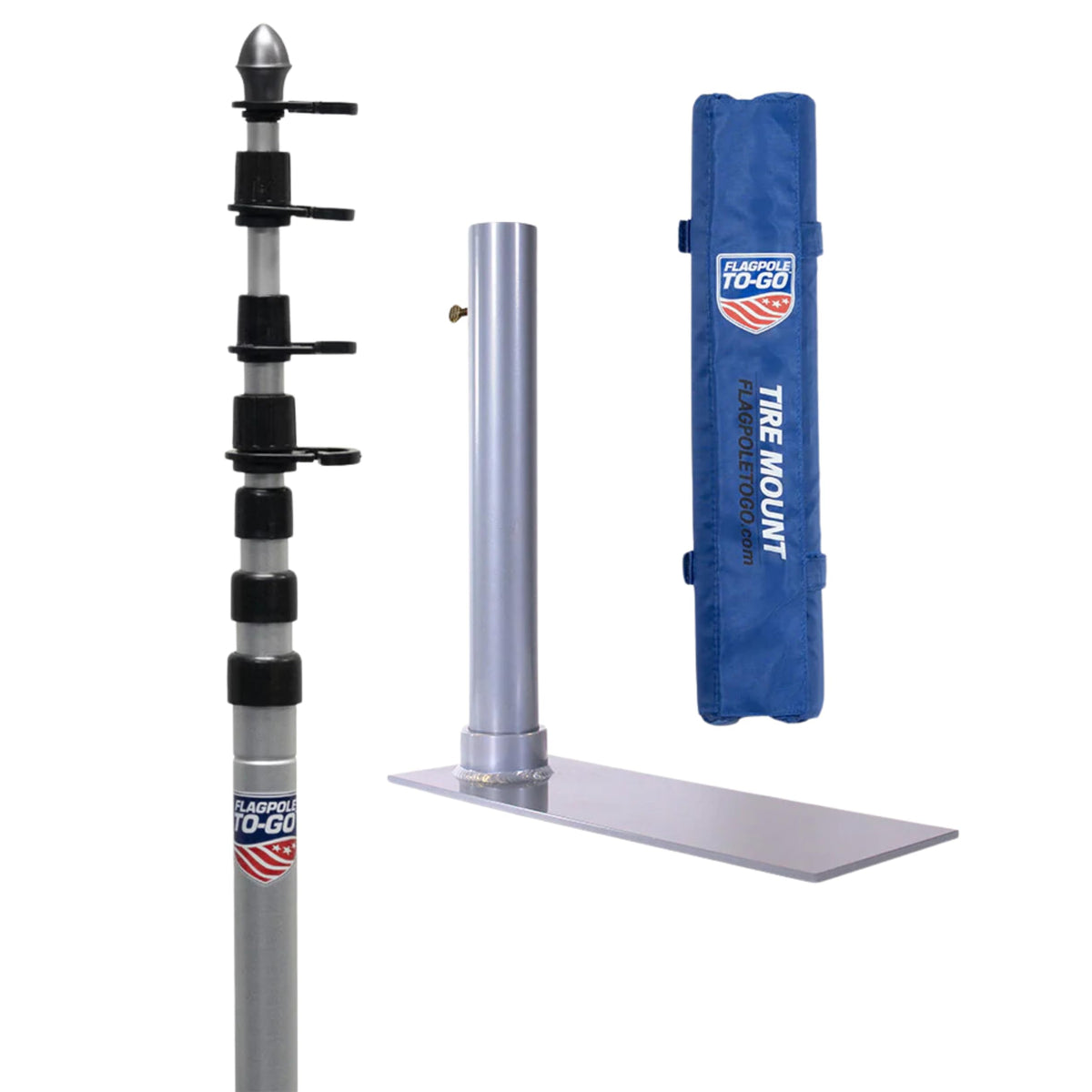 Flagpole-To-Go front view of kit showing pole and tire mount, convenient transport benefit