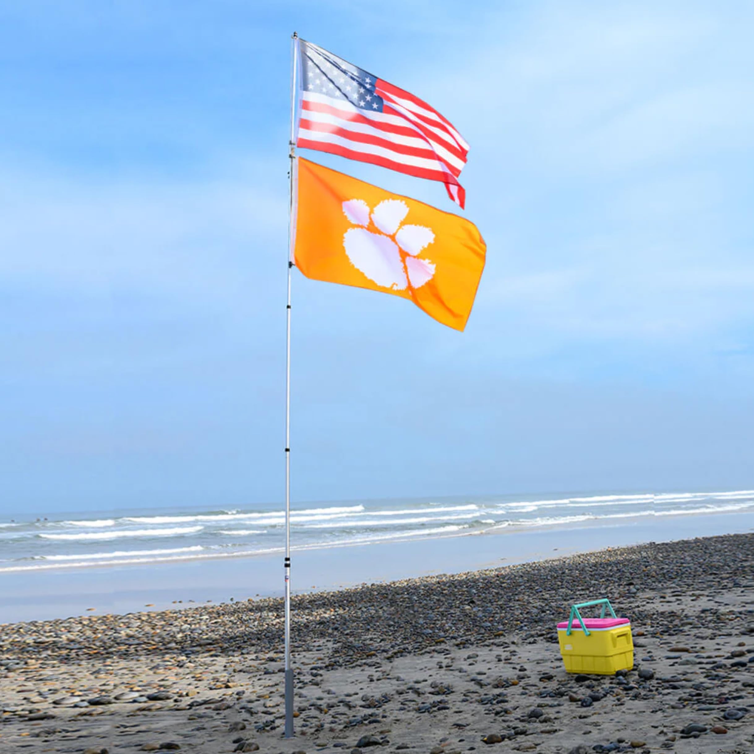 Flagpole‑To‑Go label and cast aluminum detail highlighting corrosion resistance