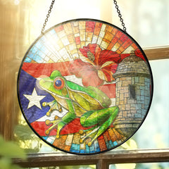 FLAGWIX front view of stained glass Coqui sun catcher showing vibrant island motif