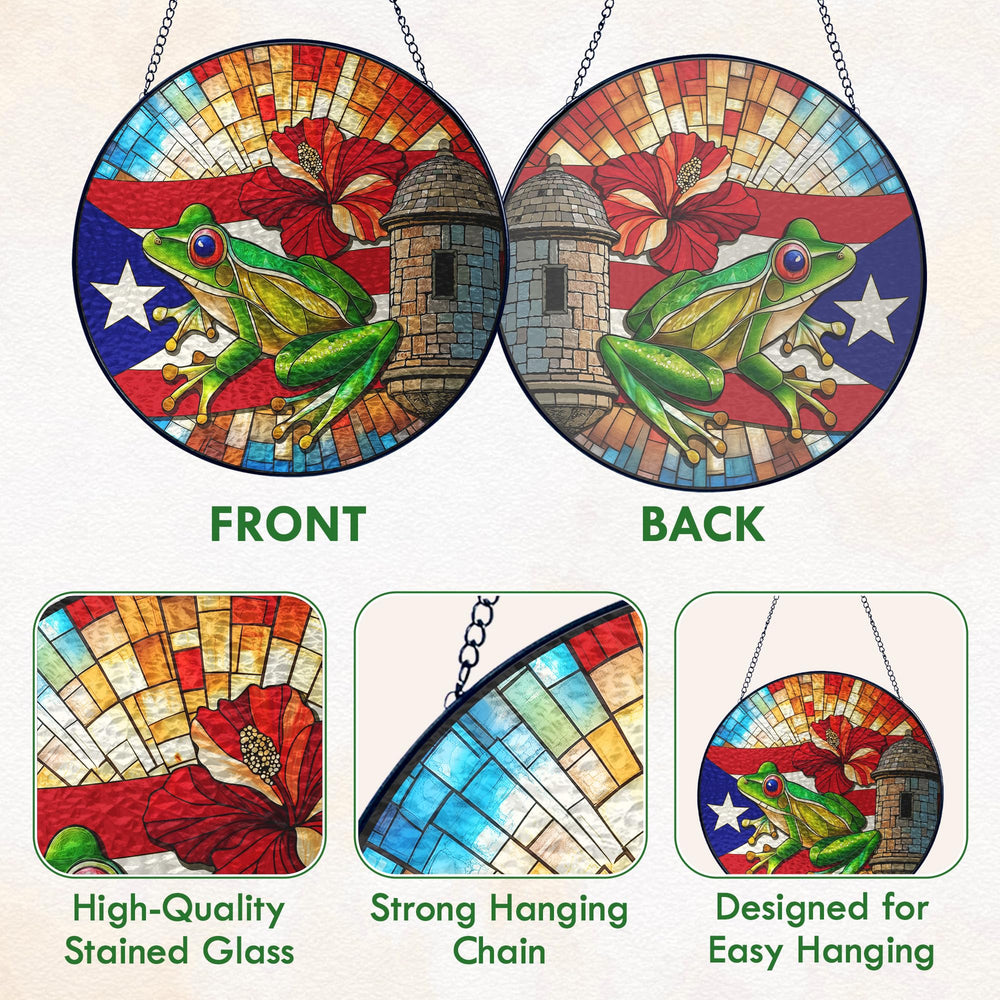 FLAGWIX suncatcher displayed on porch adding Puerto Rican charm outdoors
