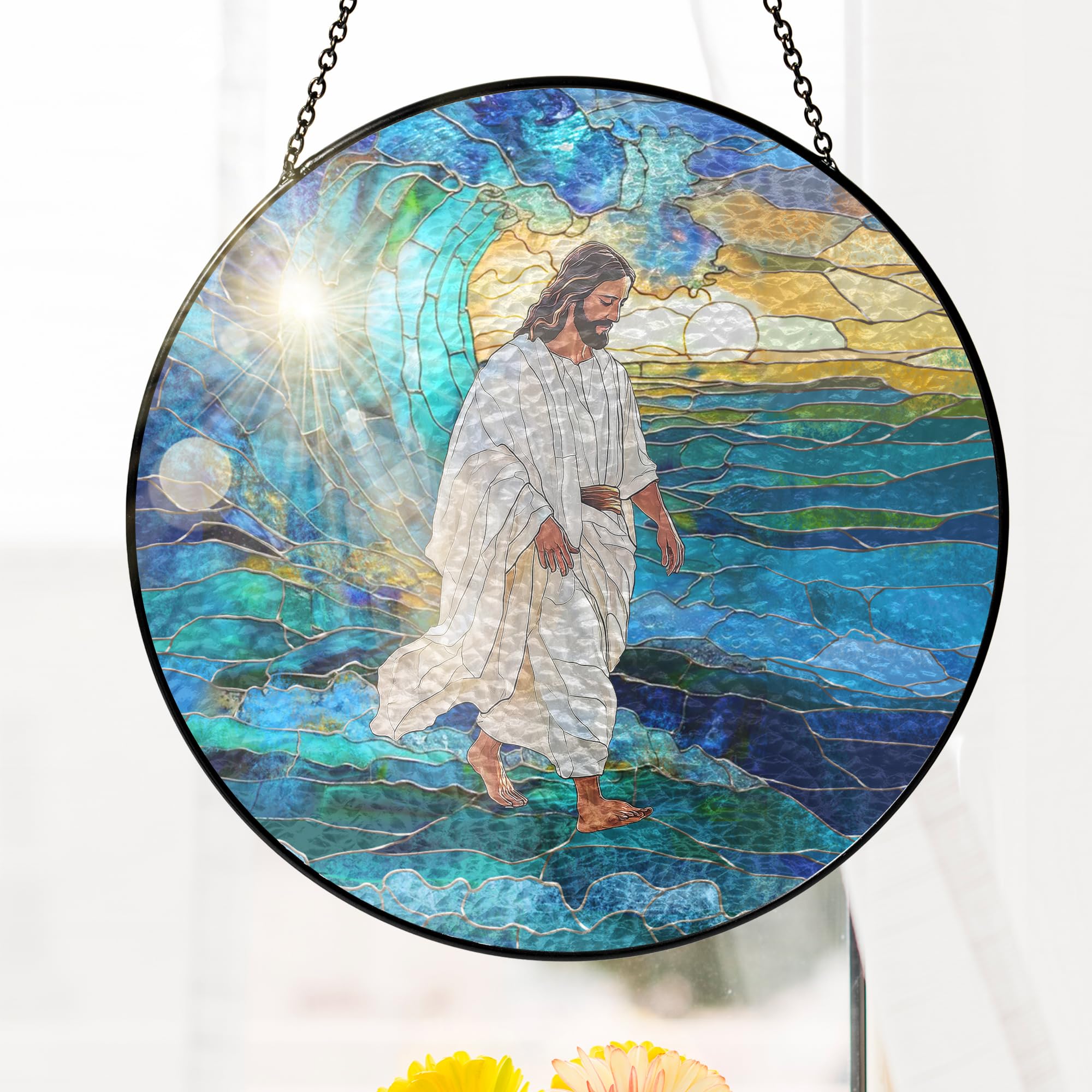 FLAGWIX stained glass front view showing faith motif and vibrant color benefits