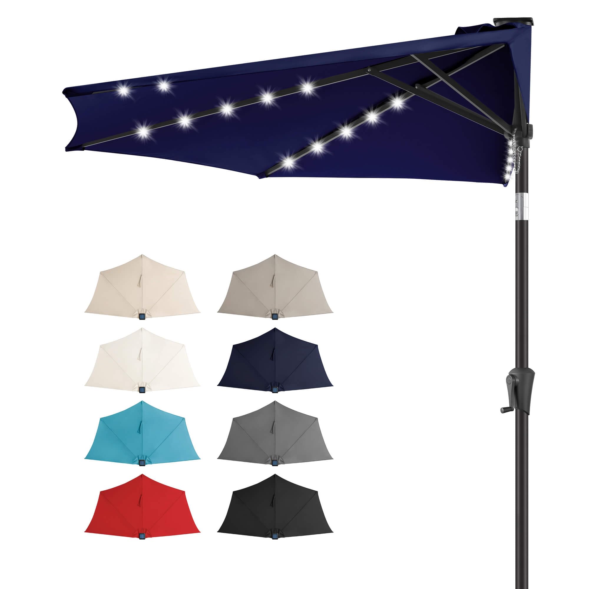 FLAME&SHADE front view half umbrella showing space-saving benefit