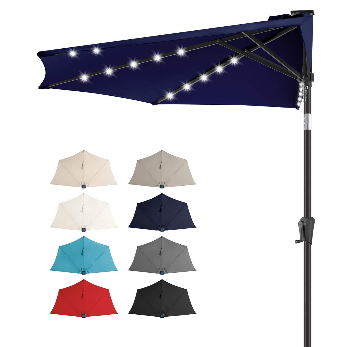 FLAME&SHADE front view half umbrella showing space-saving benefit