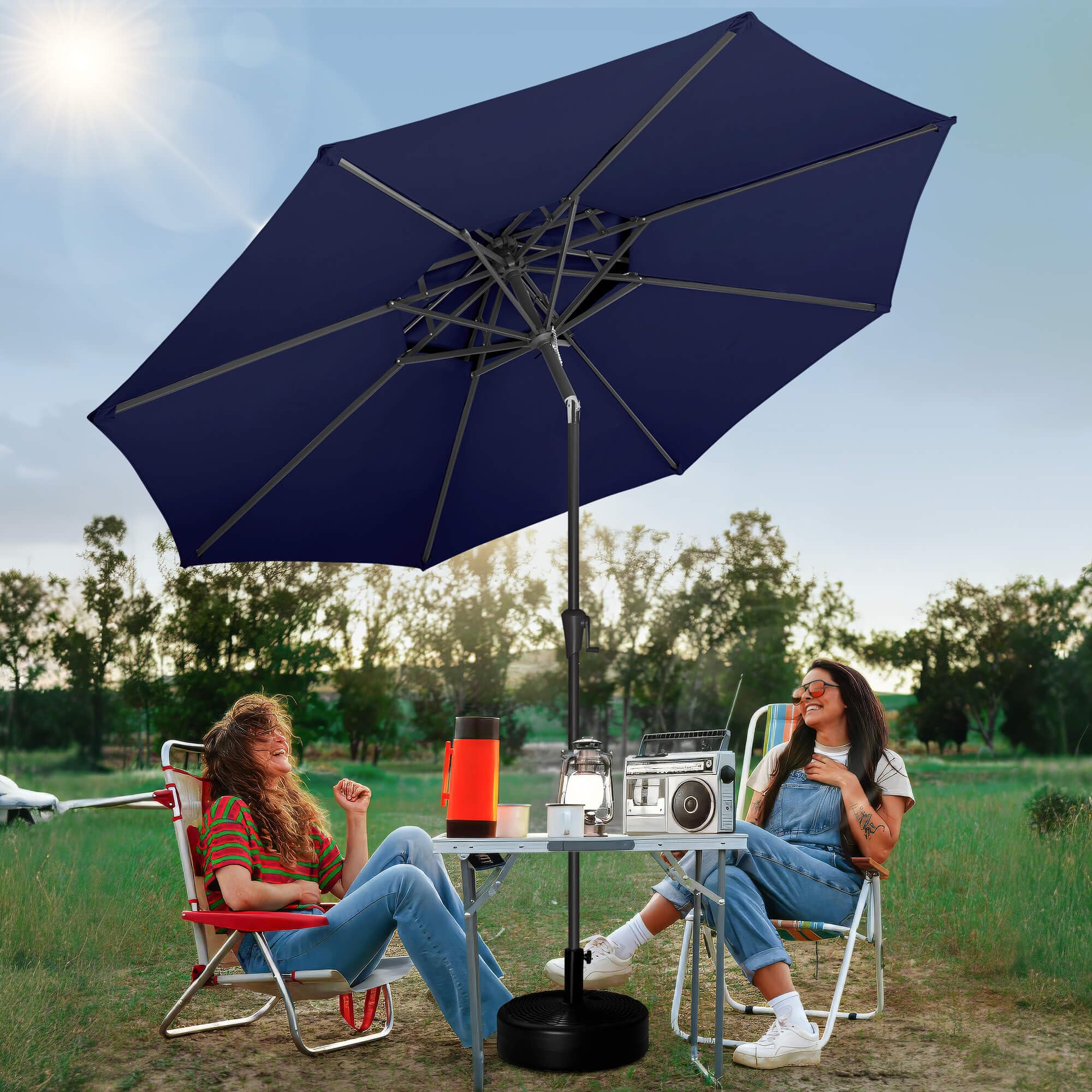FLAME&SHADE lifestyle patio setting showing comfortable shaded outdoor living