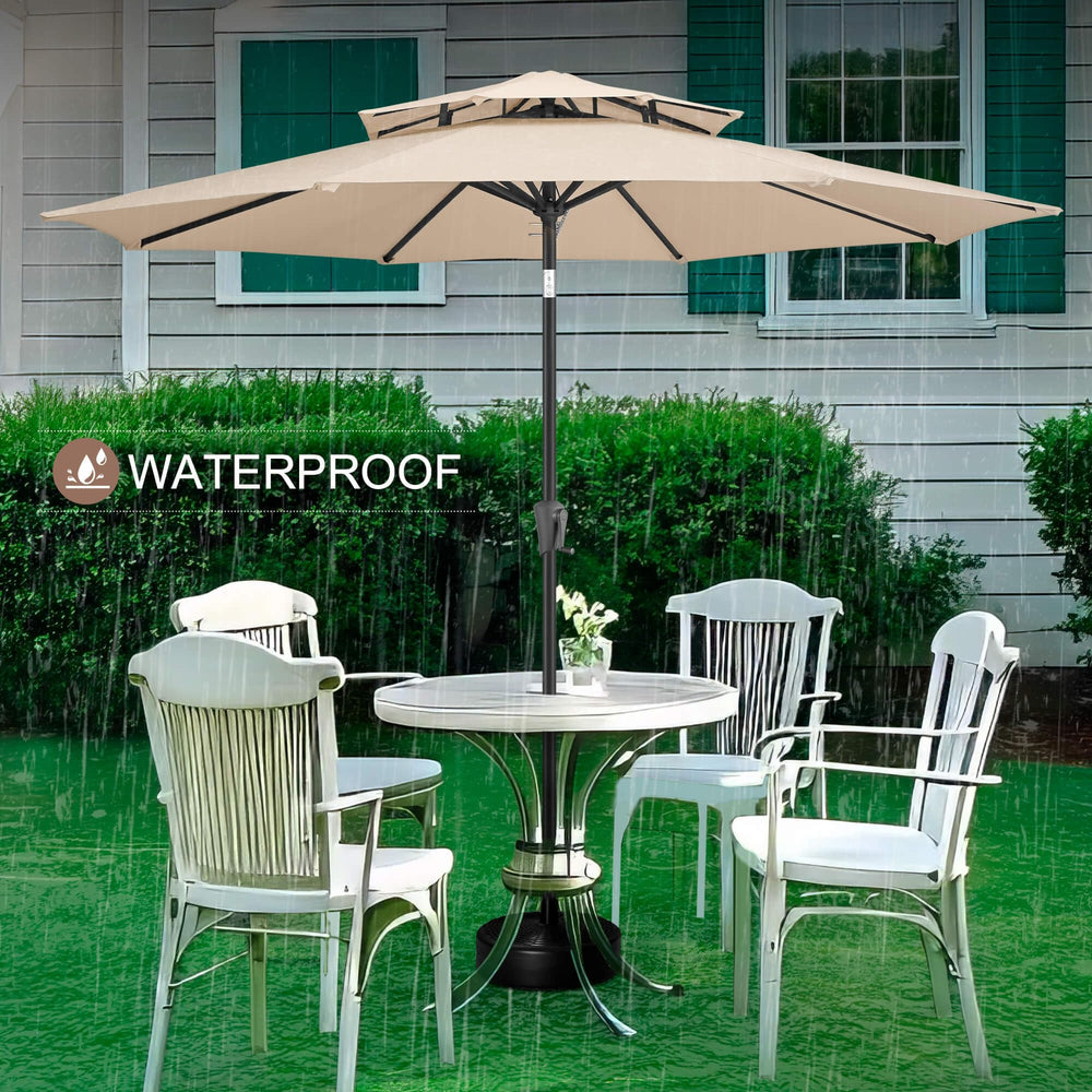 FLAME&SHADE umbrella over table to show size and seating fit