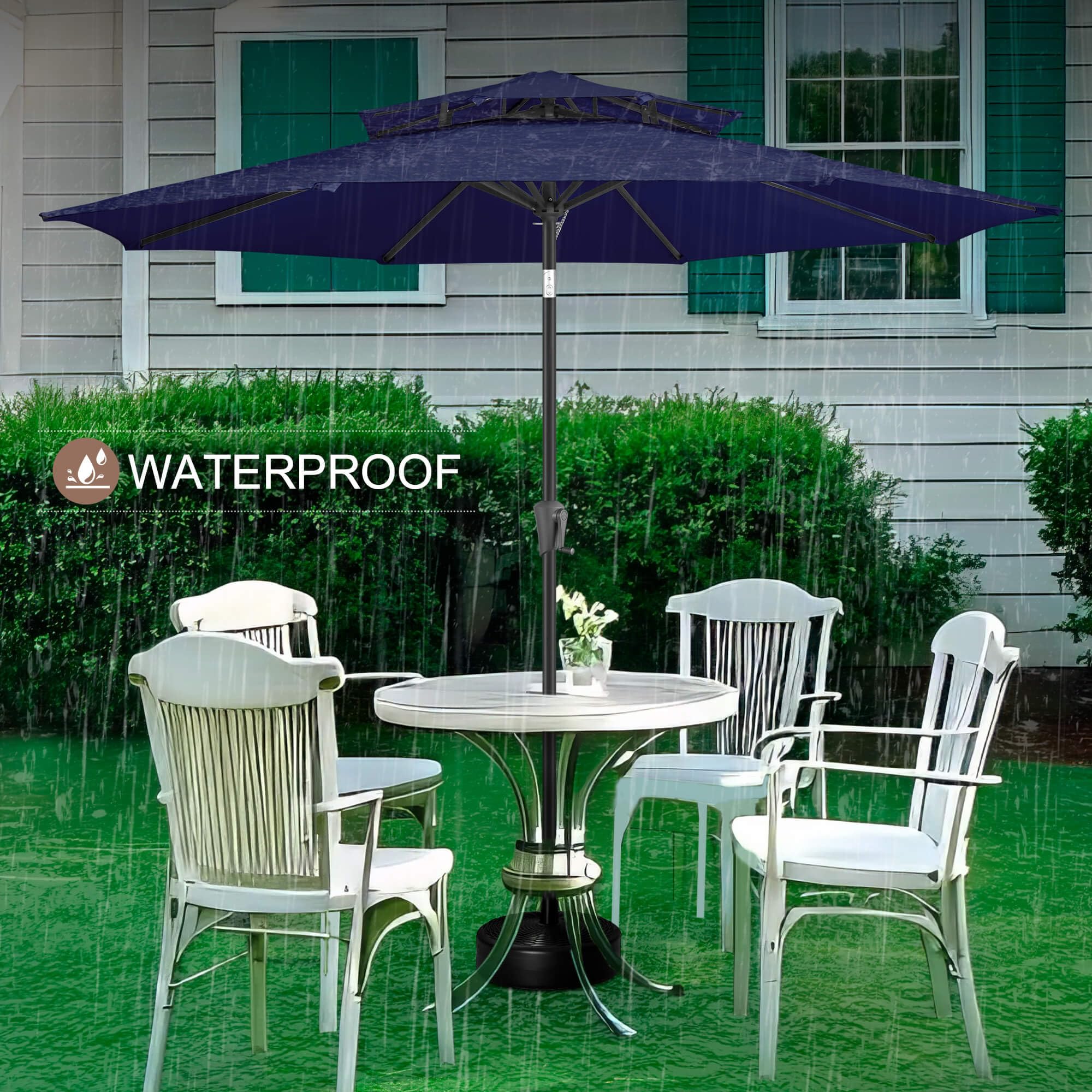 FLAME&SHADE umbrella with matching cover protecting fabric from weather