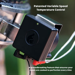 Flame Boss variable-speed blower close-up highlighting durable fan and airflow benefit