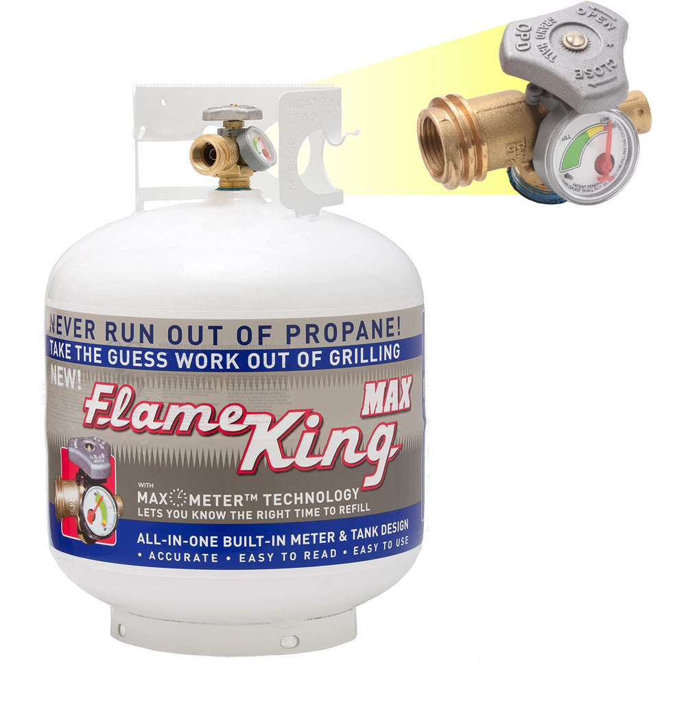 Flame King front view of 20lb cylinder showing capacity and sturdy design benefit