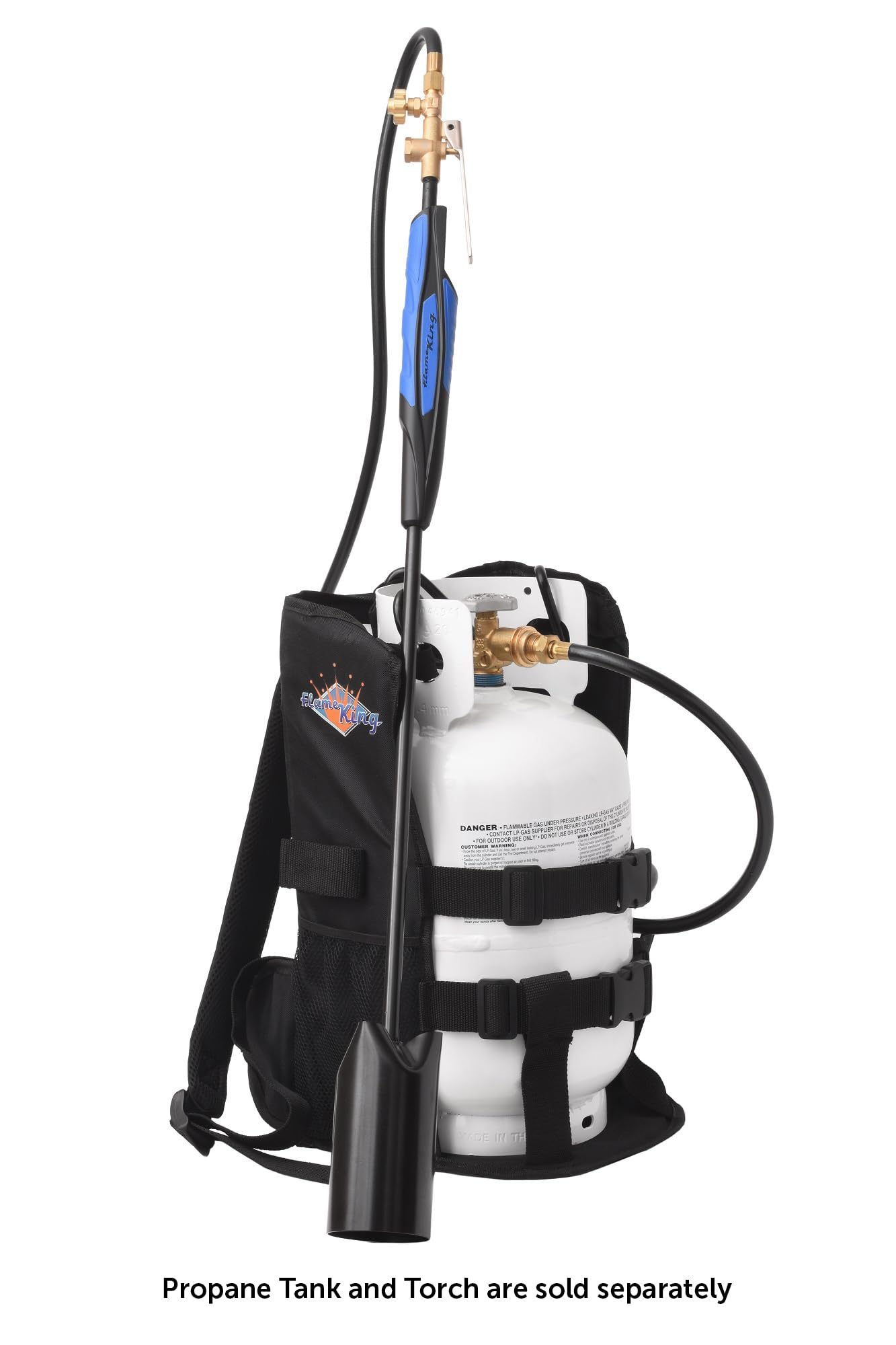 Flame King carrier with 5lb cylinder installed showing correct fit and mobility advantage