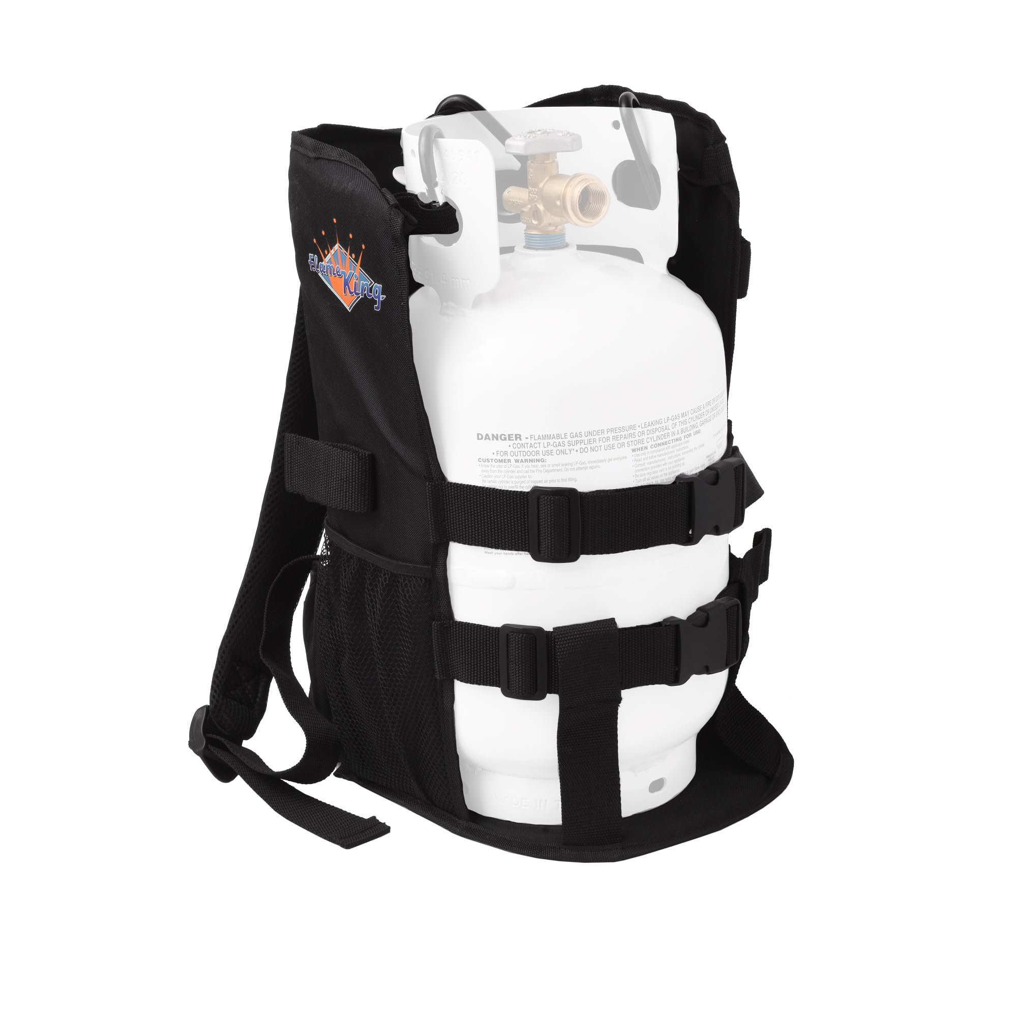 Flame King front view of carrier showing secure cylinder placement and hands-free benefit