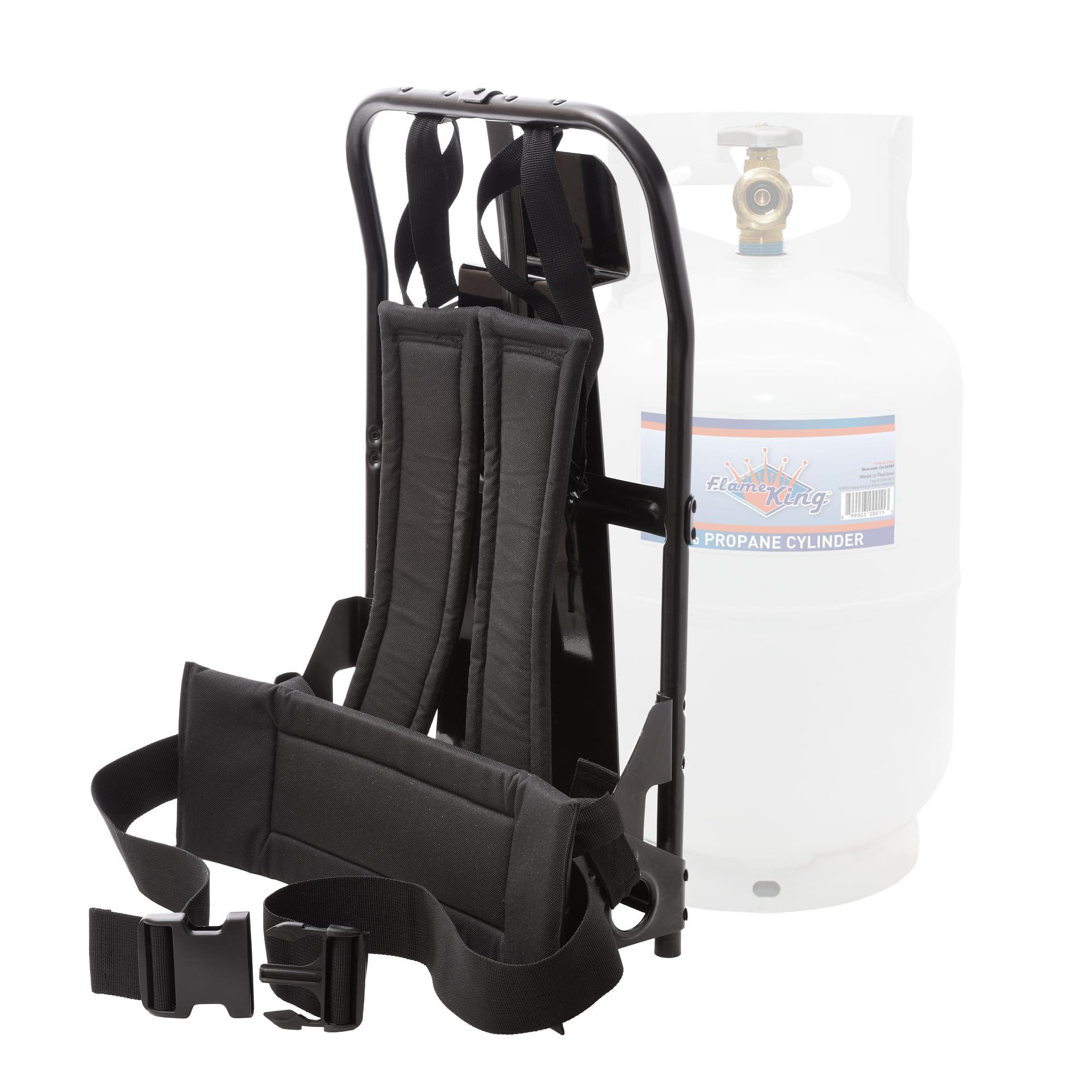 Flame King front view with 10 lb tank showing secure fit and easy transport