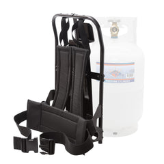 Flame King front view with 10 lb tank showing secure fit and easy transport