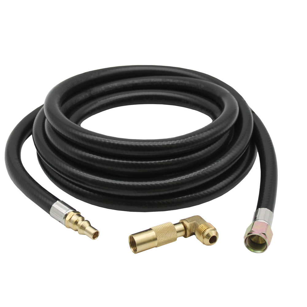 Flame King front view of hose assembly showing compact packaged setup and quick-connect benefit