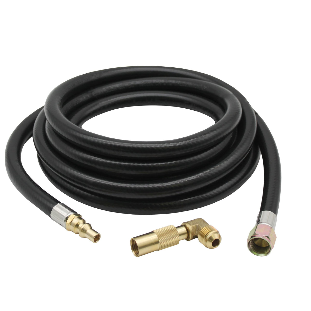 Flame King front view of hose assembly showing compact packaged setup and quick-connect benefit