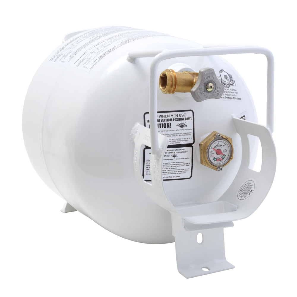Flame King front view of horizontal propane cylinder showing compact profile and safe use