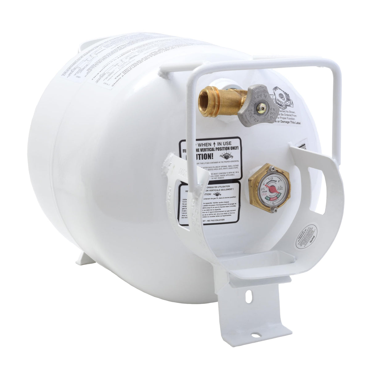 Flame King front view of horizontal propane cylinder showing compact profile and safe use